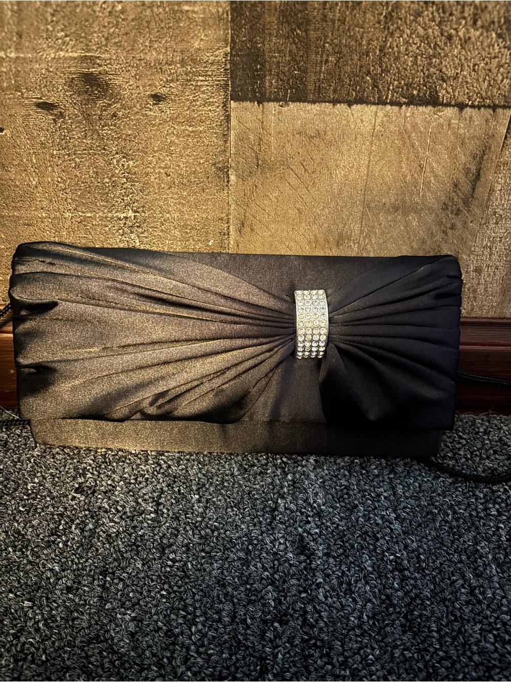 Black Satin Evening Clutch with Rhinestone Buckle
